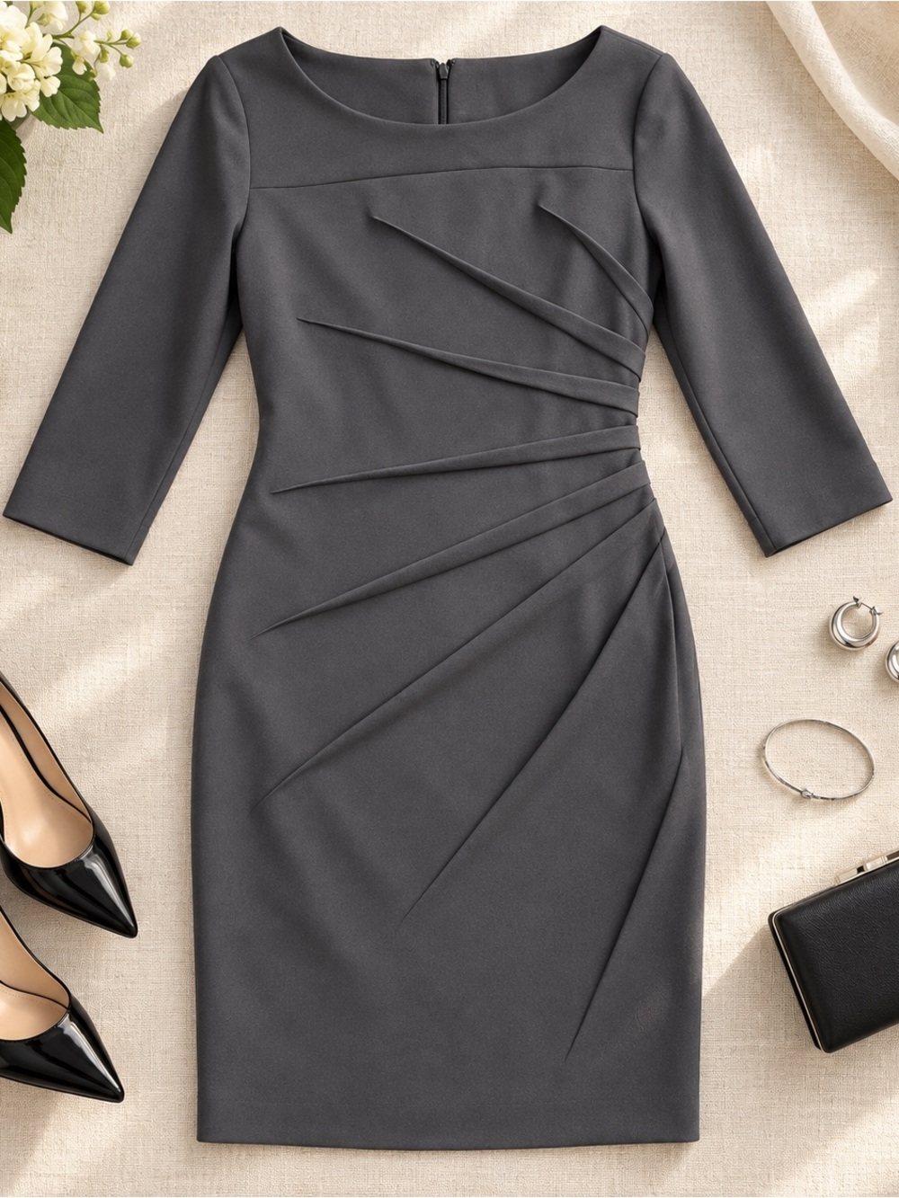 Calvin Klein Charcoal Gray Starburst Pleated Sheath Dress Size 10
